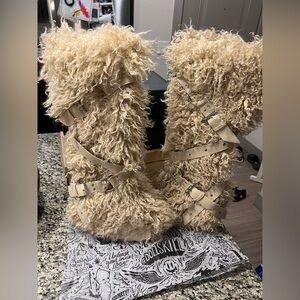 Dolls Kill Beige Curly Faux-Fur Buckle Boots